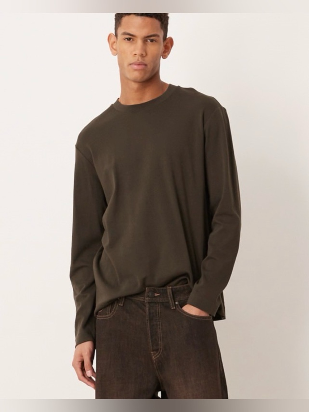 Mango 100% cotton wool blend long sleeve crew neck shirt in brown XS